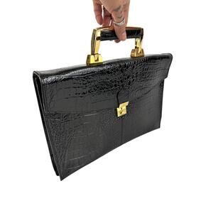 Vintage NOS Genuine Leather Briefcase Black Croc Embossed Gold Hardware Attache